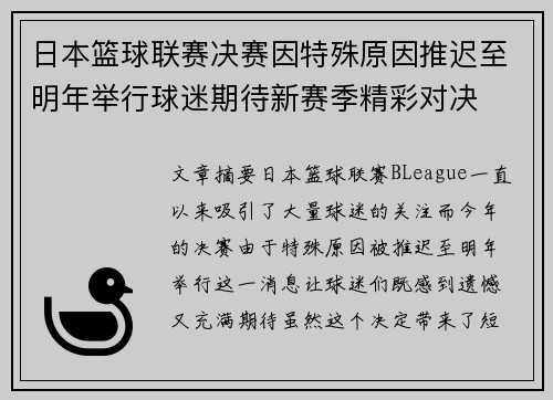 日本篮球联赛决赛因特殊原因推迟至明年举行球迷期待新赛季精彩对决