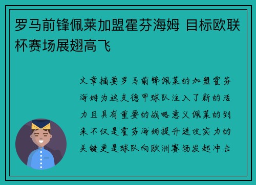 罗马前锋佩莱加盟霍芬海姆 目标欧联杯赛场展翅高飞