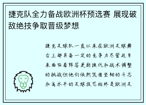 捷克队全力备战欧洲杯预选赛 展现破敌绝技争取晋级梦想