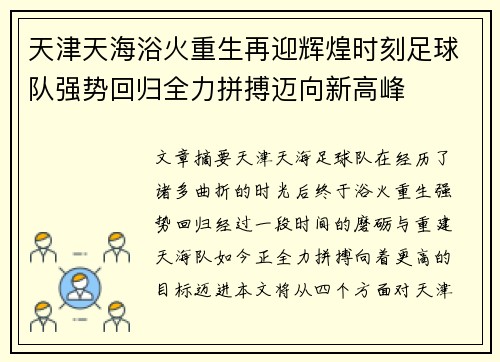 天津天海浴火重生再迎辉煌时刻足球队强势回归全力拼搏迈向新高峰
