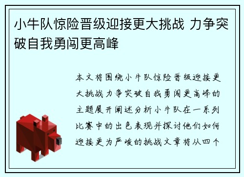 小牛队惊险晋级迎接更大挑战 力争突破自我勇闯更高峰