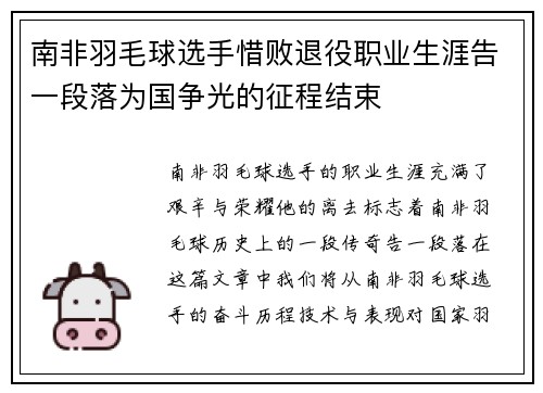 南非羽毛球选手惜败退役职业生涯告一段落为国争光的征程结束